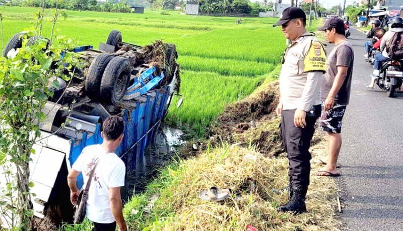 www.nusabali.com-serempetan-dengan-jazz-truk-bawa-pasir-terguling-ke-sawah