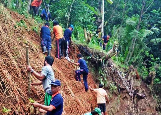 Nusabali.com - cegah-longsor-bpbd-badung-pasang-jaring-rumput-akar-wangi