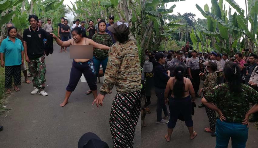 NUSABALI com Emosi Ibu ibu Buka Baju Hadang Alat Berat 